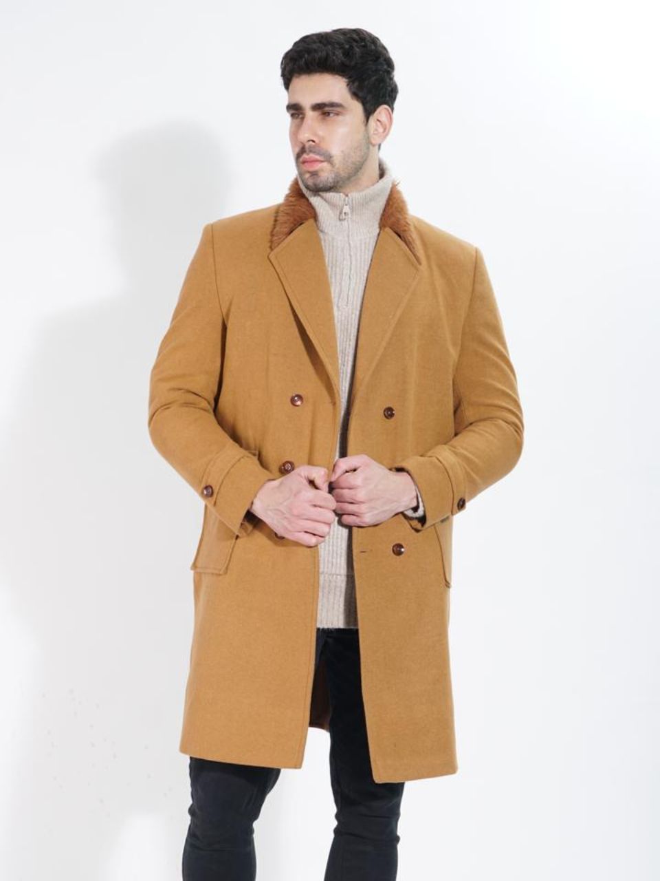 1 Classic Camel Fur Collar Luxury Warm Over Coat - Image 1